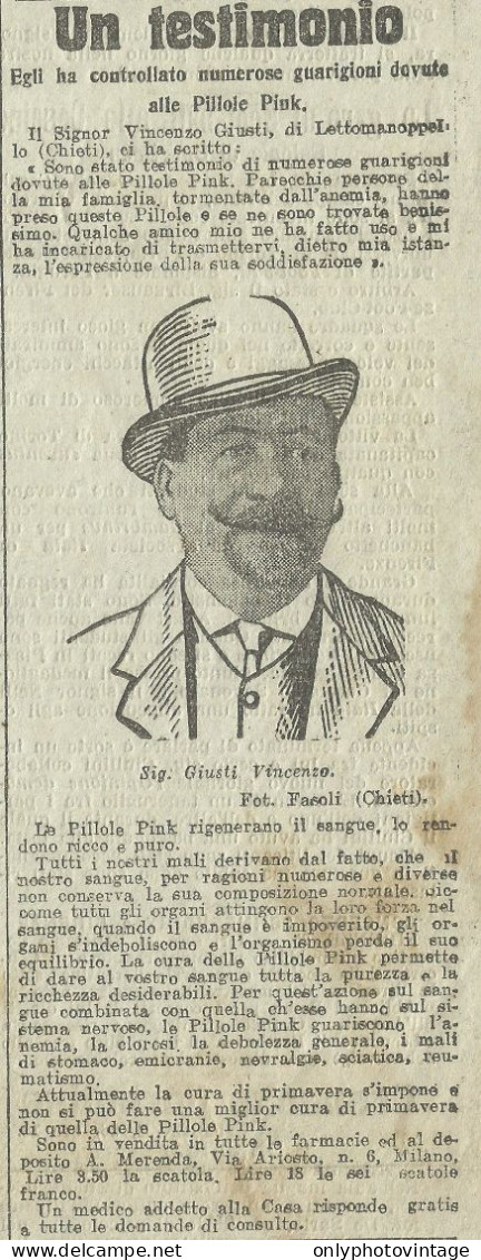 Pillole PINK - Testimonio Sig. Giusti V.  - Pubblicità 1916 - Advertising - Publicités