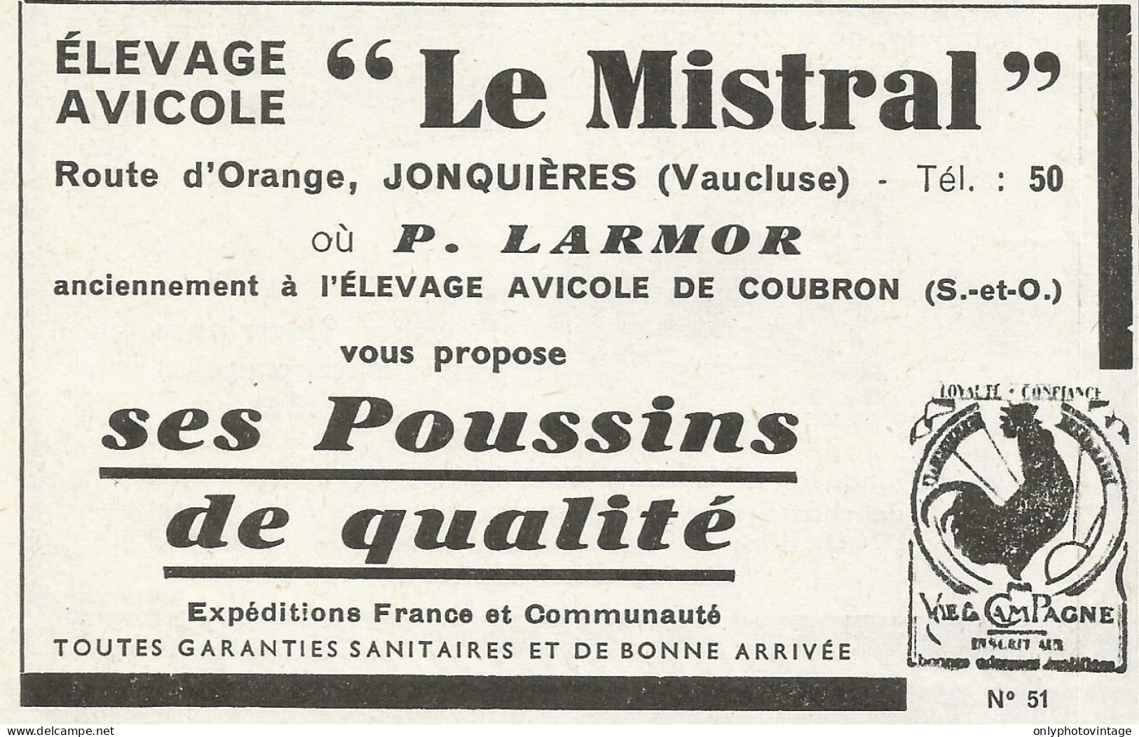 Elevage Avicole "Le Mistral" - Coubron - Pubblicità 1961 - Advertising - Advertising