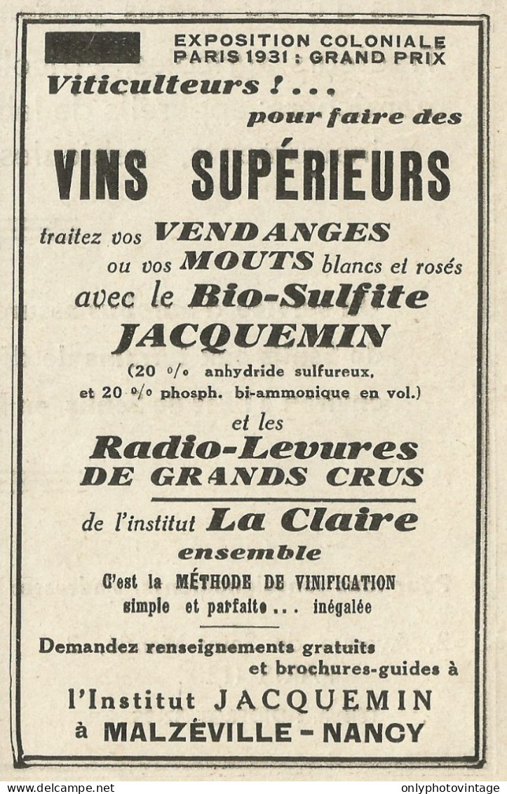 Vins Supèrieurs Avec Le Bio-Sulfite Jacquemin - Pubblicità 1934 - Advert. - Advertising