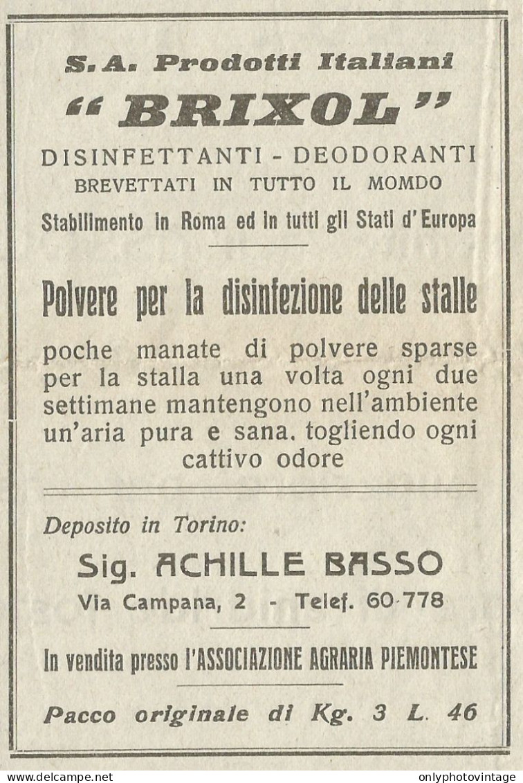 Polvere Per La Disinfezione Delle Stalle BRIXOL - Pubblicità 1934 - Adv. - Advertising