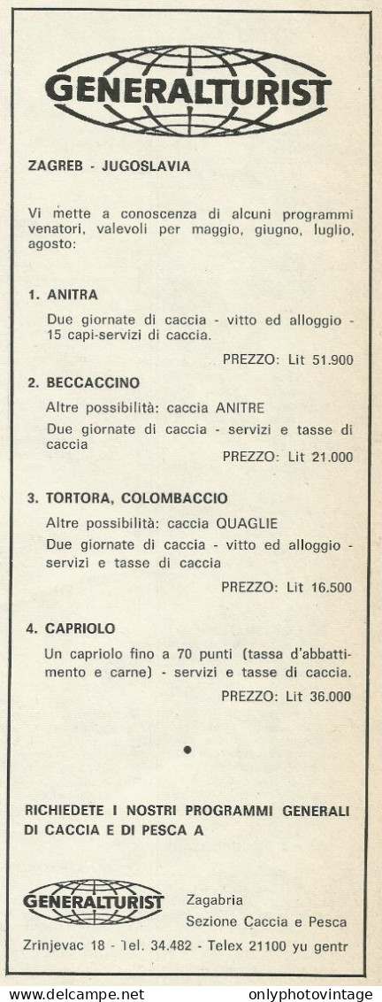 Generalturist - A Caccia In Jugoslavia - Pubblicità 1969 - Advertising - Advertising