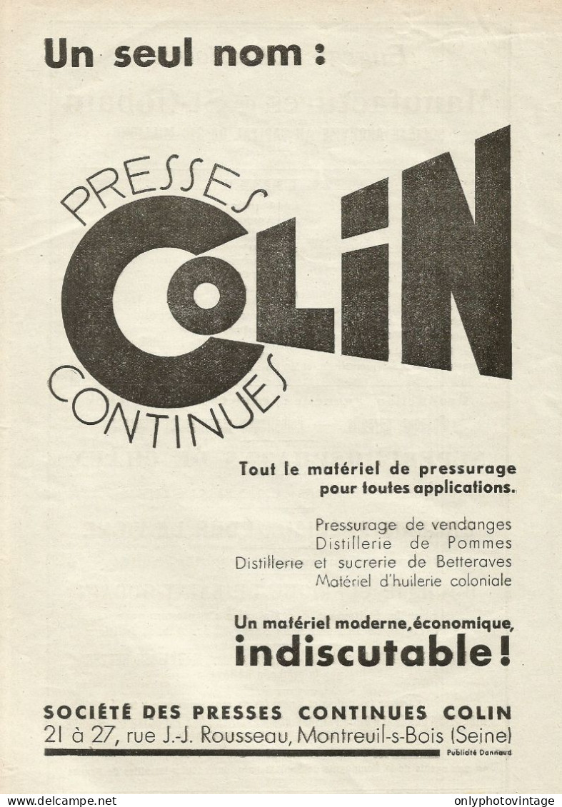 Presses Continues COLIN - Montreuil Bois - Pubblicità 1934 - Advertising - Advertising