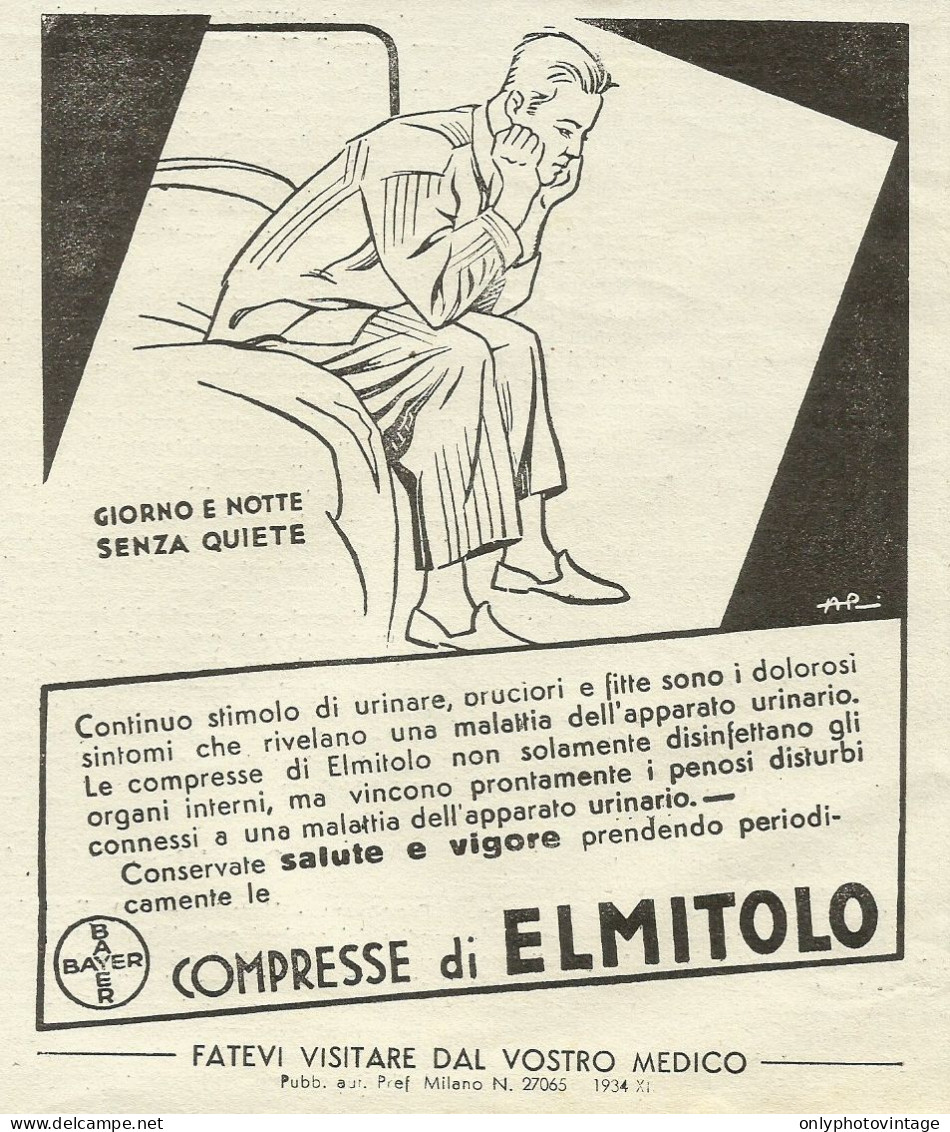 Bayer - Compresse Di ELMITOLO - Pubblicità 1934 - Advertising - Advertising