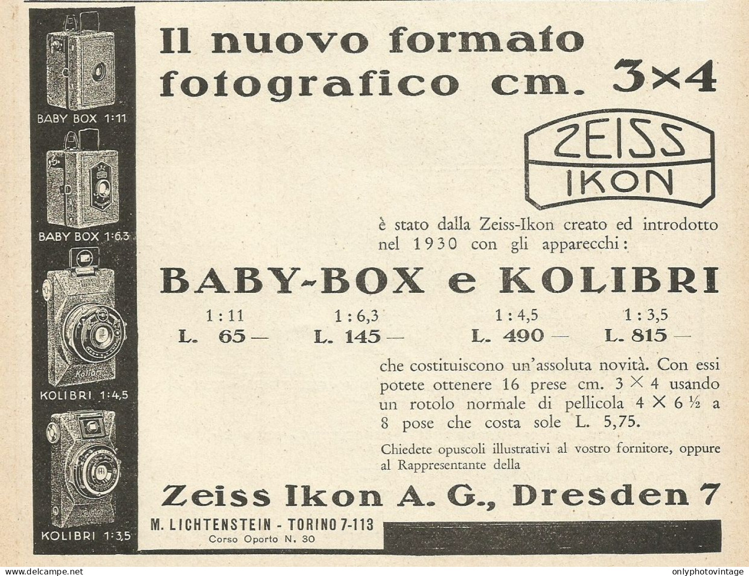 Apparecchi Fotografici ZEISS IKON - Pubblicità 1931 - Advertising - Publicités