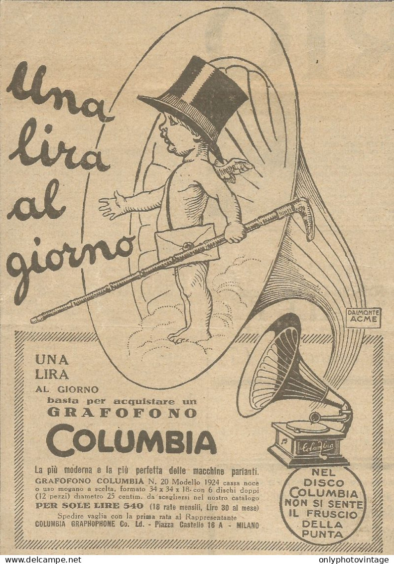 Grafofono COLUMBIA - Una Lira Al Giorno - Pubblicità 1924 - Advertising - Advertising