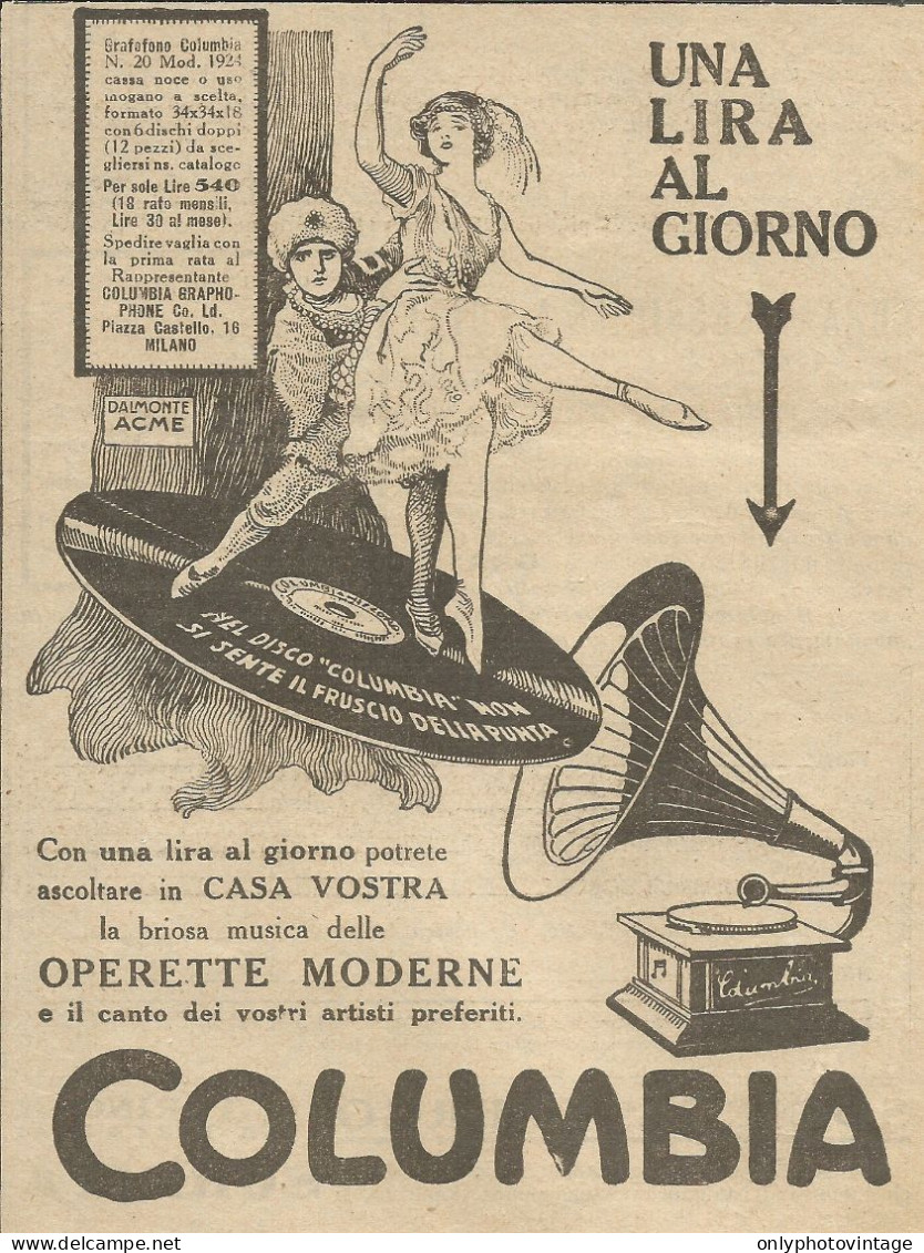 Grafofono COLUMBIA - Una Lira Al Giorno - Pubblicità 1924 - Advertising - Publicités