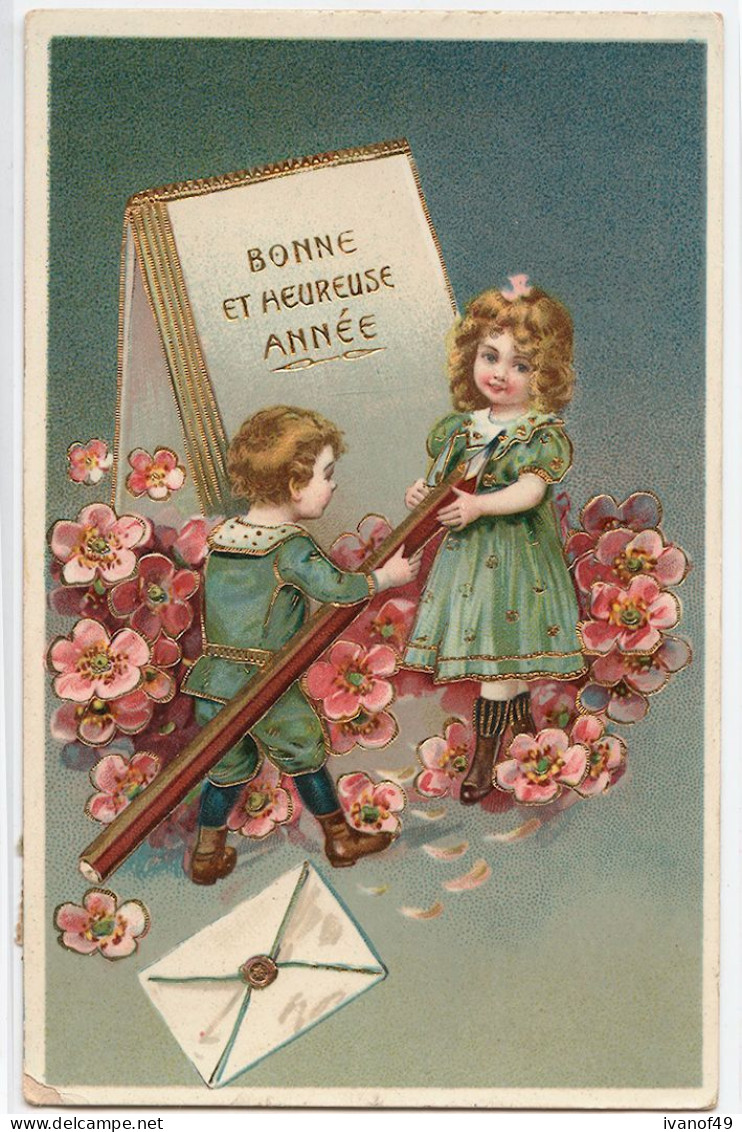 Très Belle Carte Fantaisie -  BONNE ET HEUREUSE ANNEE - CPA - Carte Gaufrée, Enfants, Crayon, Fleurs - 1900-1949