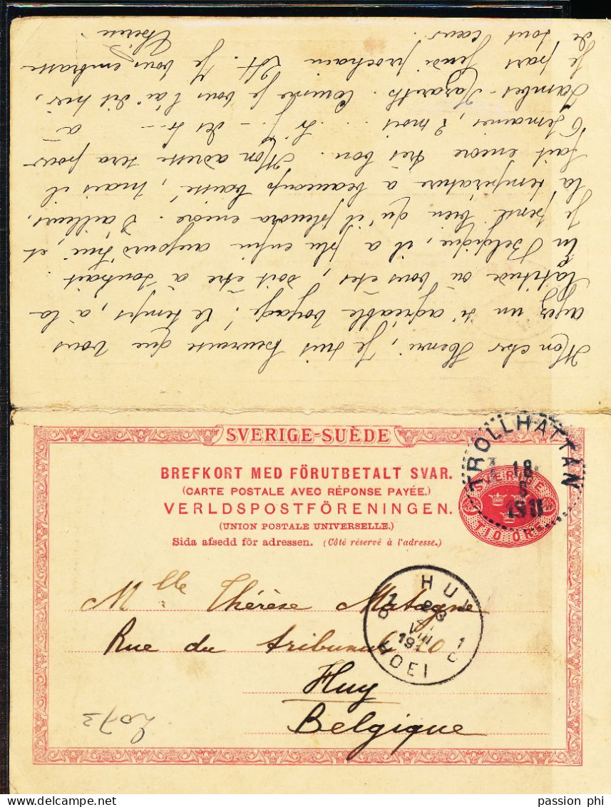 SWEDEN BELGIUM ROUND TRIP ANSWER TROLLHATTAN  1911 HUY  REPLY HUY 21.08.1911 TO STOCKHOLM - Entiers Postaux