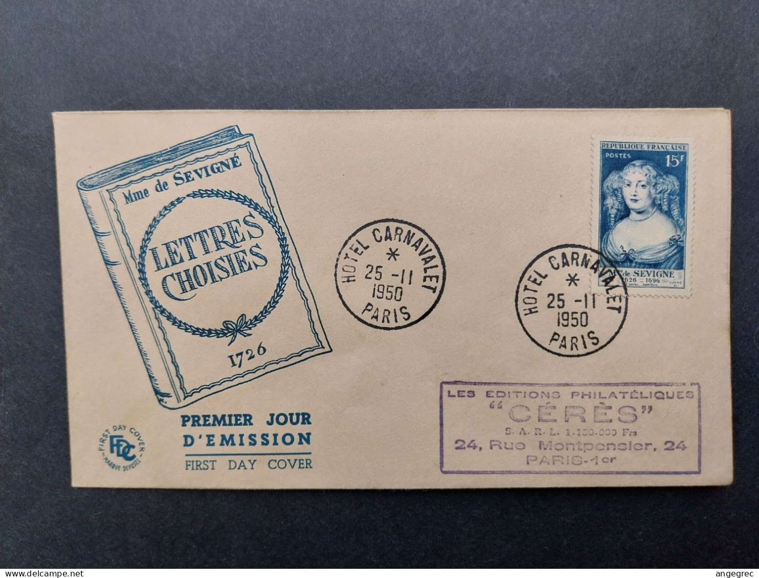 FDC 1950 N° 874 Mme De Sévigné Du 25/11/1950 Hôtel Carnavalet - 1950-1959