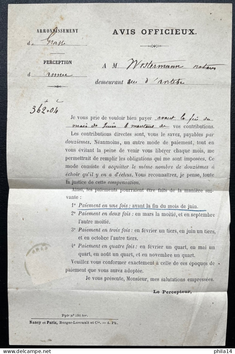 N°51 2c CERES SUR DOCUMENT / GRASSE POUR ANTIBES / 24 JUIN 1876 / LAC - 1849-1876: Classic Period