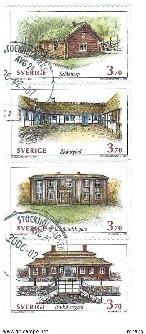 Suede, Schweden, Svezia, Sverige 1995; 4 Houses Svedesi In Striscia Verticale Unita. Used. - Usados