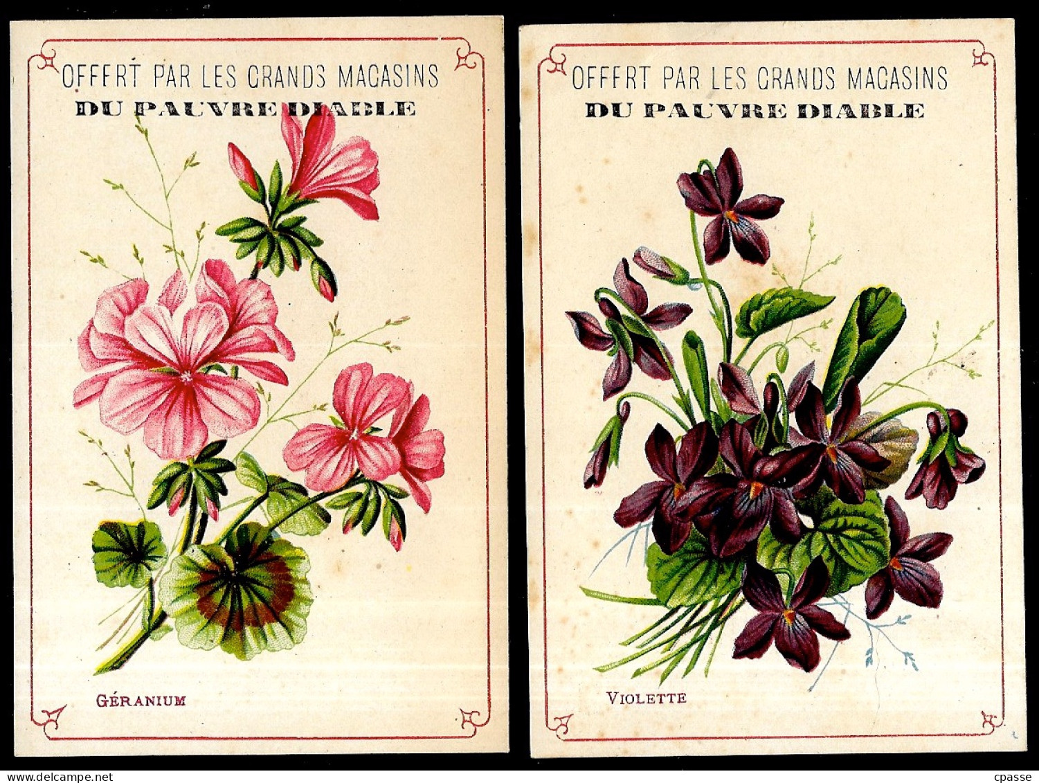 (Lot De 2) CHROMO "GRANDS MAGASINS DU PAUVRE DIABLE" 59 LILLE Nord - Fleurs Violette + Géranium - Sonstige & Ohne Zuordnung