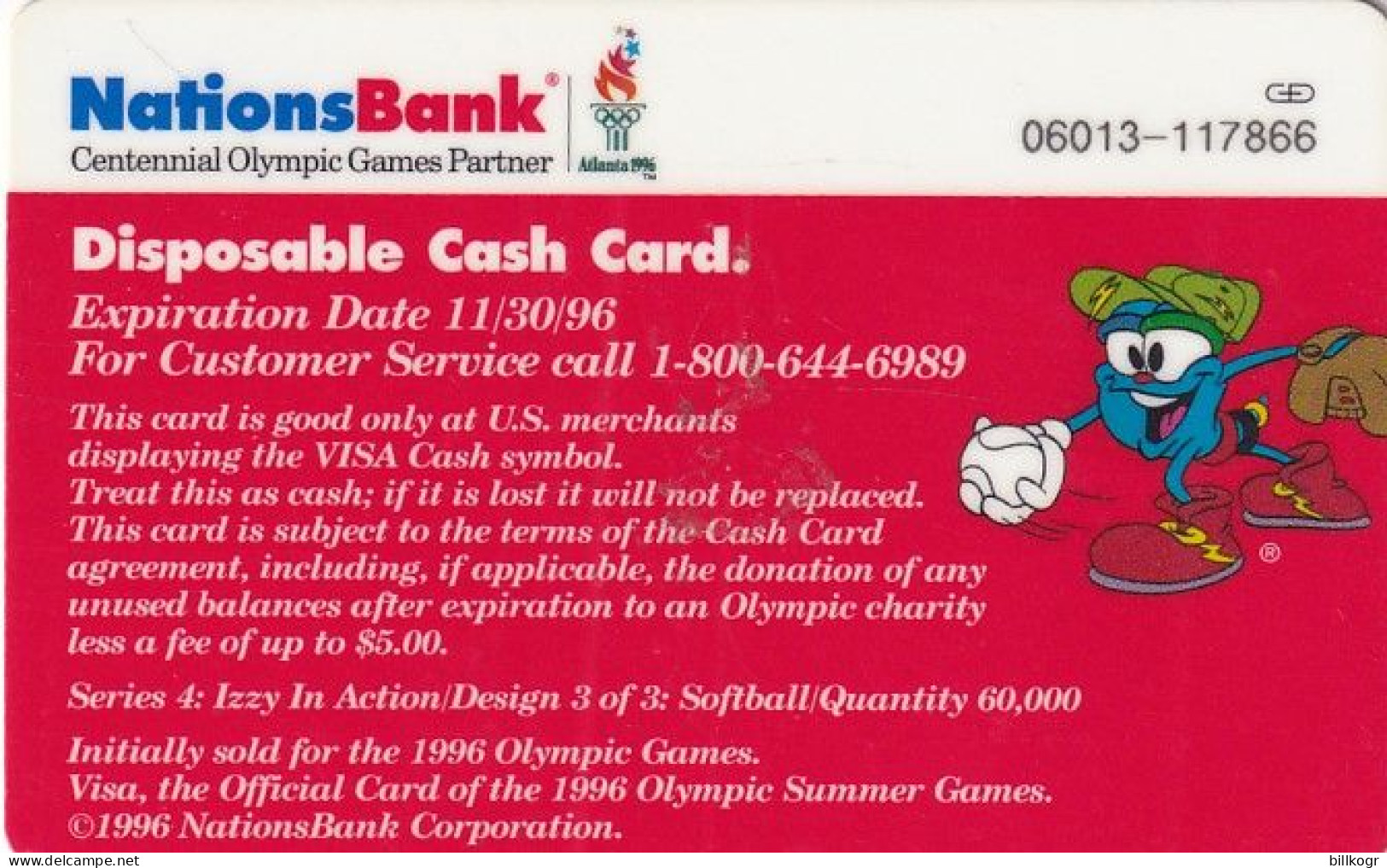 USA - Atlanta 1996 Olympics/Softball, NationsBank Visa, Used - Cartes De Crédit (expiration Min. 10 Ans)