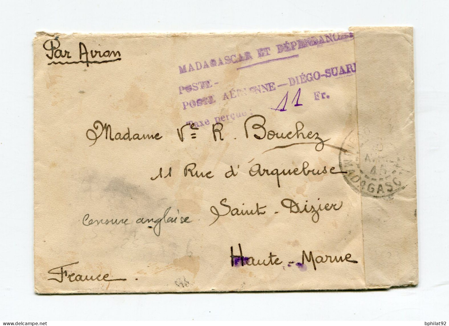 !!! MADAGASCAR, LETTRE PAR AVION DE 1945 POUR LA FRANCE TAXE PERCUE EN NUMERAIRE. CENSURE ANGLAISE - Cartas & Documentos