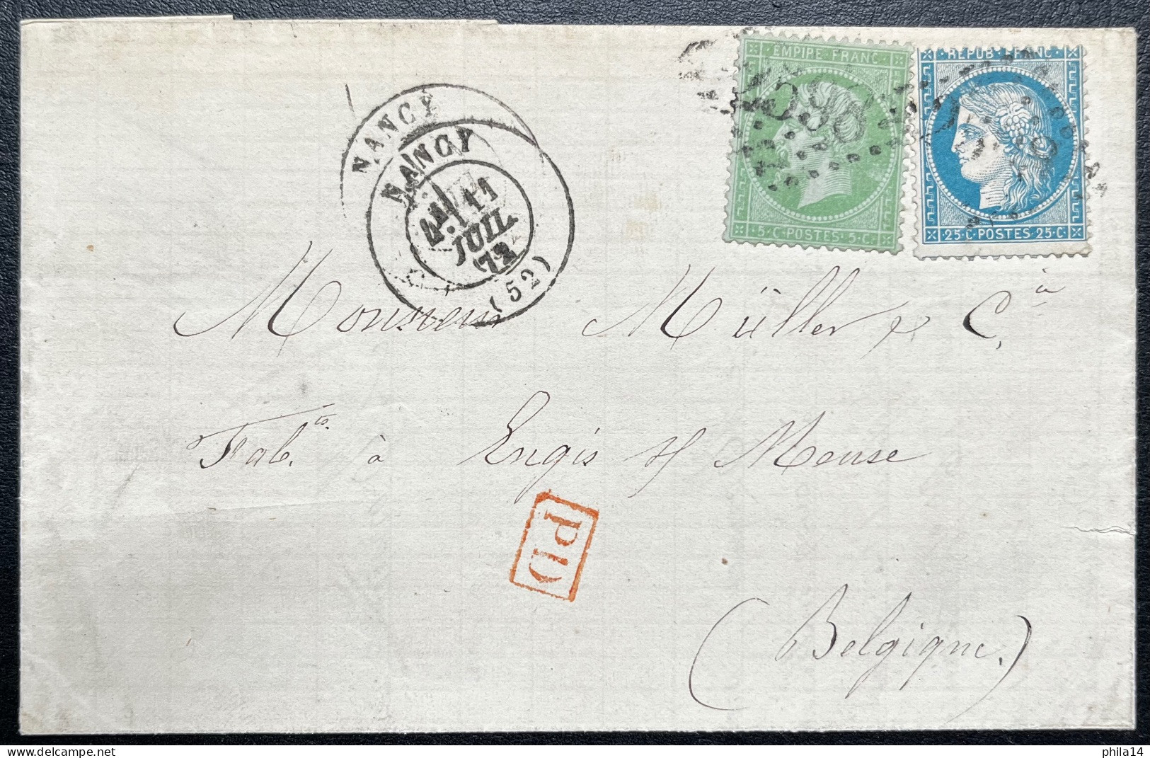 N°35 5c VERT NAPOLEON & N°60 25c CERES SUR LETTRE / NANCY POUR ENGIS BELGIQUE / 11 JUIL 1872 / LAC - 1849-1876: Classic Period