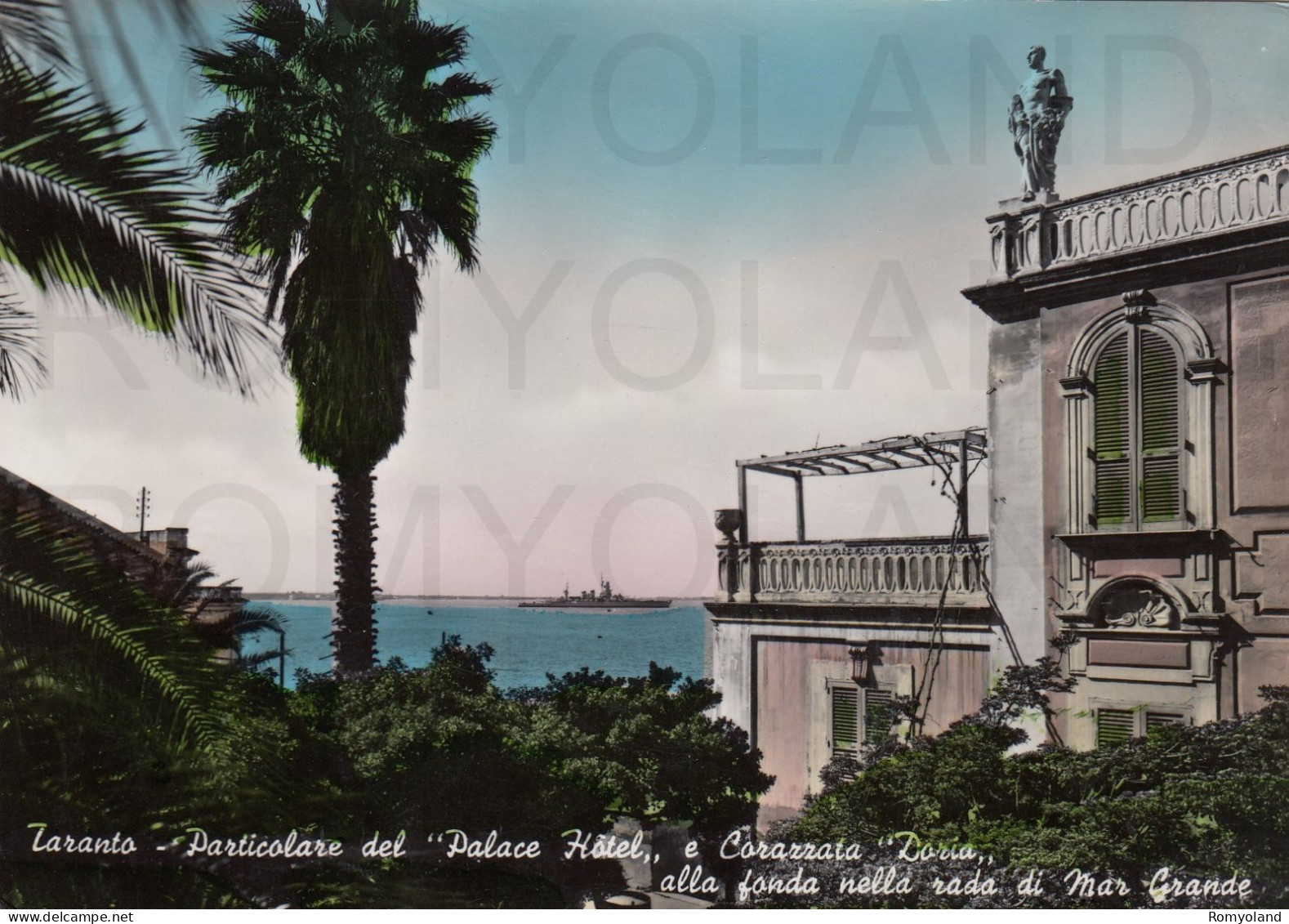 CARTOLINA  C14 TARANTO,PUGLIA-PARTICOLARE DEL "PALACE HOTEL" E CORAZZATA "DORIA" ALLA FONDA NELLA RADA-VIAGGIATA 1953 - Taranto