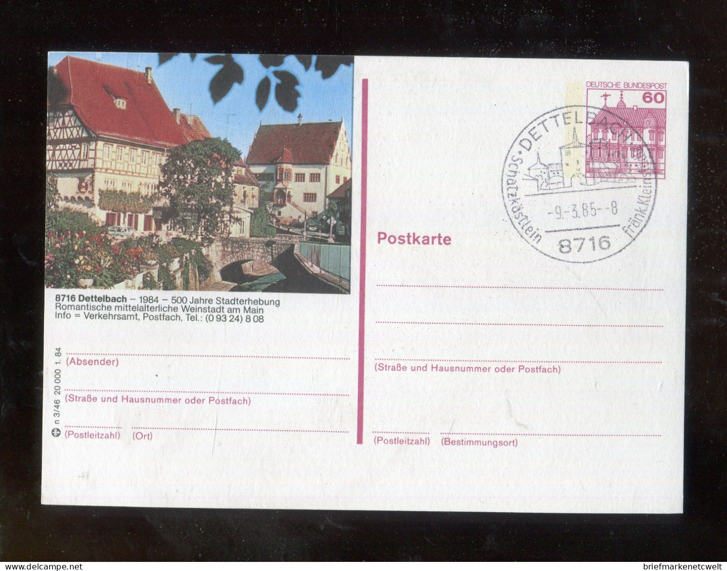 "BUNDESREPUBLIK DEUTSCHLAND" 1984, Bildpostkarte Mit Bildgleichem Stempel Ex "DETTELBACH" (B2037) - Geïllustreerde Postkaarten - Gebruikt