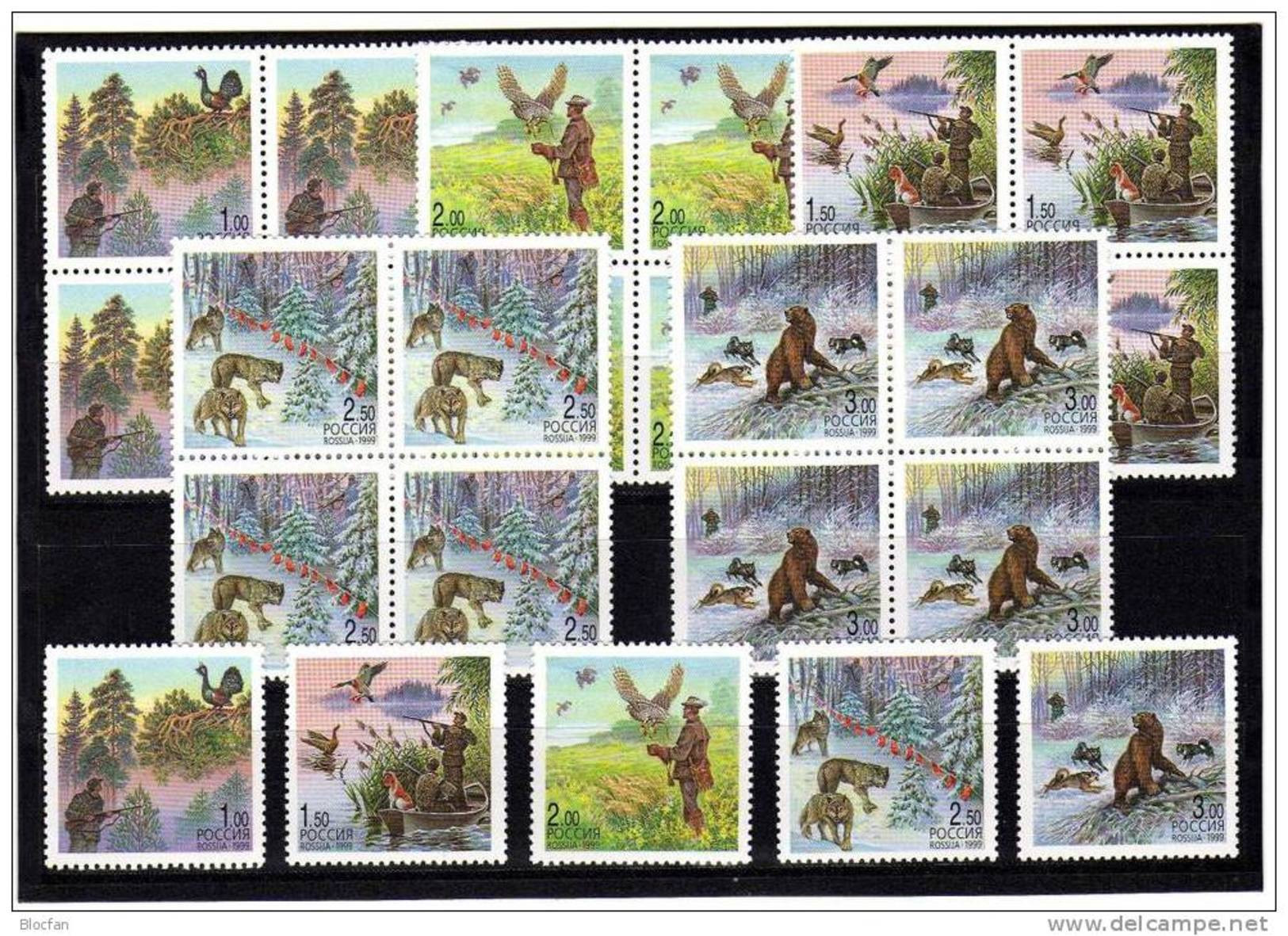Jagd 1999 Wildpflege Rußland 699/3+5x4-Block ** 12€ Naturschutz Auerhahn Bär Wolf Ente WWF Hoja Bloc Sheets Ss Bf Russia - Unused Stamps
