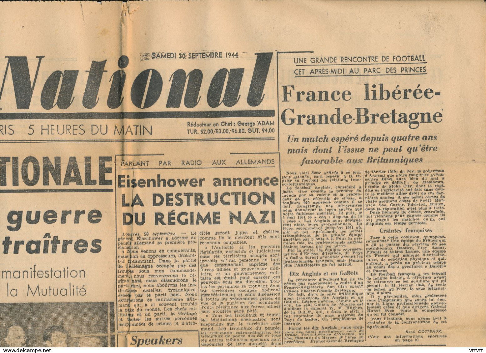 FRONT NATIONAL Samedi 30 Septembre 1944, N° 37, Unanimité Nationale, Mutualité, Siegfried, Vélodrome D'Hiver, Eisenhower - General Issues