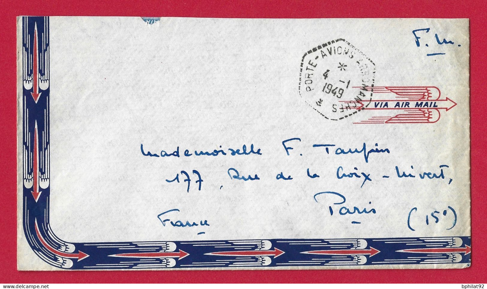 !!! POSTE AÉRIENNE, LETTRE EN FRANCHISE DU PORTE-AVIONS ARROMANCHES POUR PARIS DE 1949 - Military Airmail