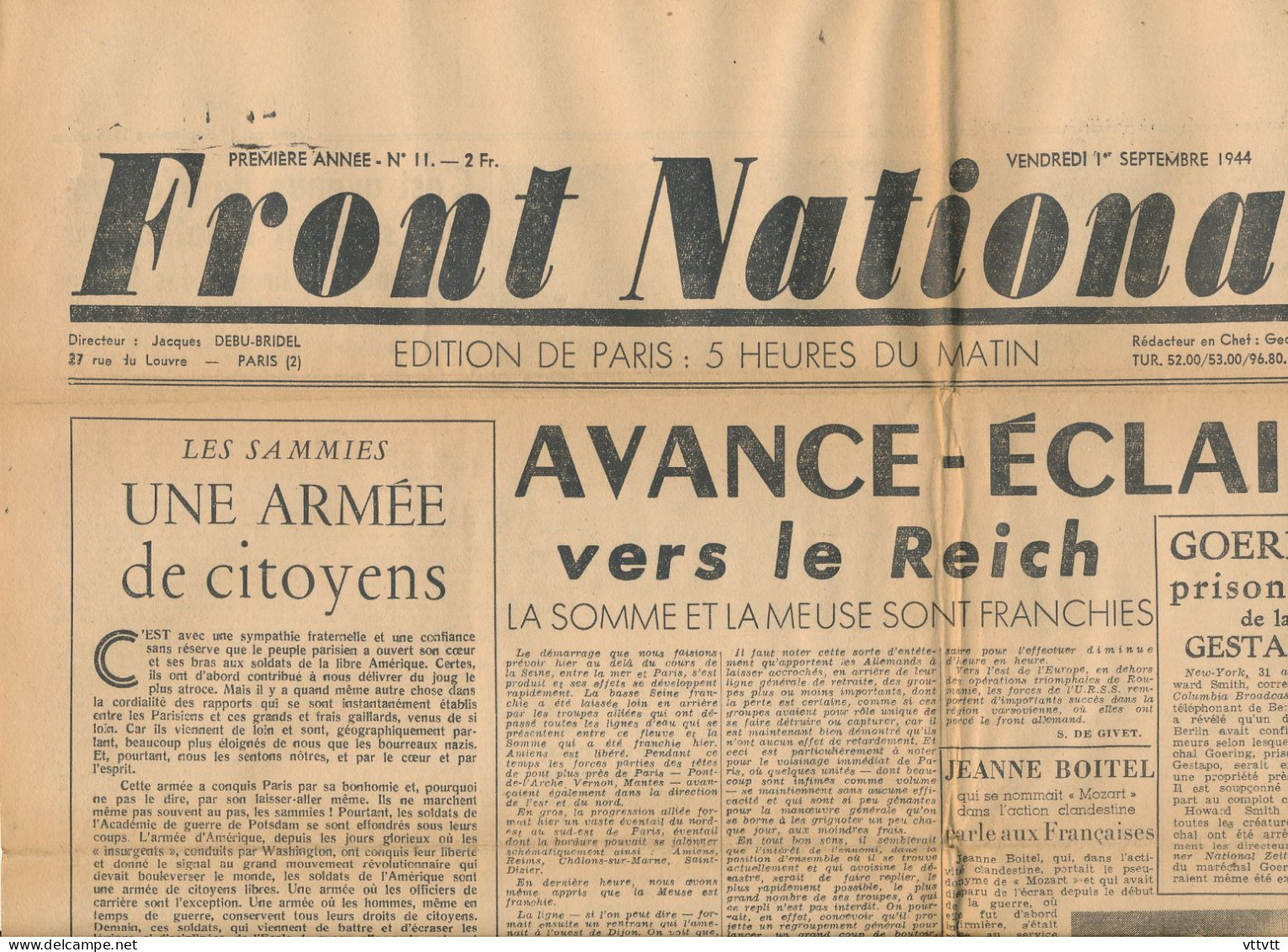 FRONT NATIONAL, Vendredi 1er Septembre 1944, N° 11, La Somme Et La Meuse Franchies, Hongrie, Stand De Tir D'Issy... - Algemene Informatie