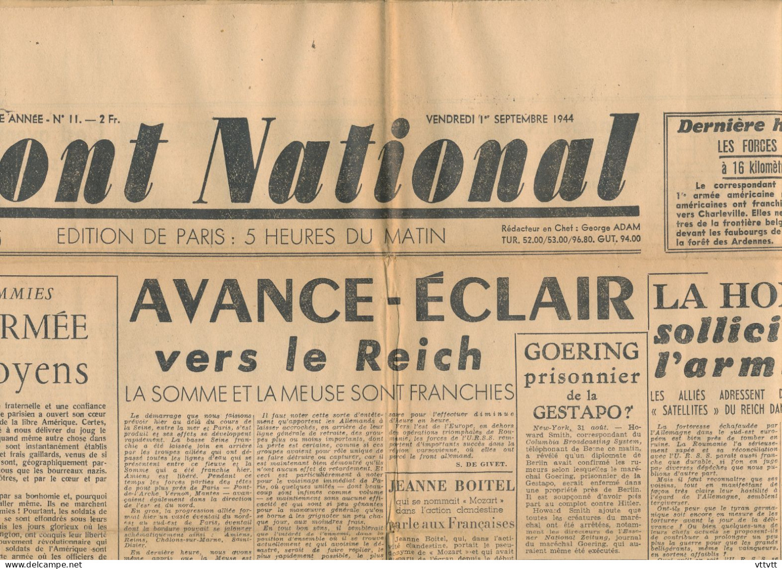 FRONT NATIONAL, Vendredi 1er Septembre 1944, N° 11, La Somme Et La Meuse Franchies, Hongrie, Stand De Tir D'Issy... - Allgemeine Literatur