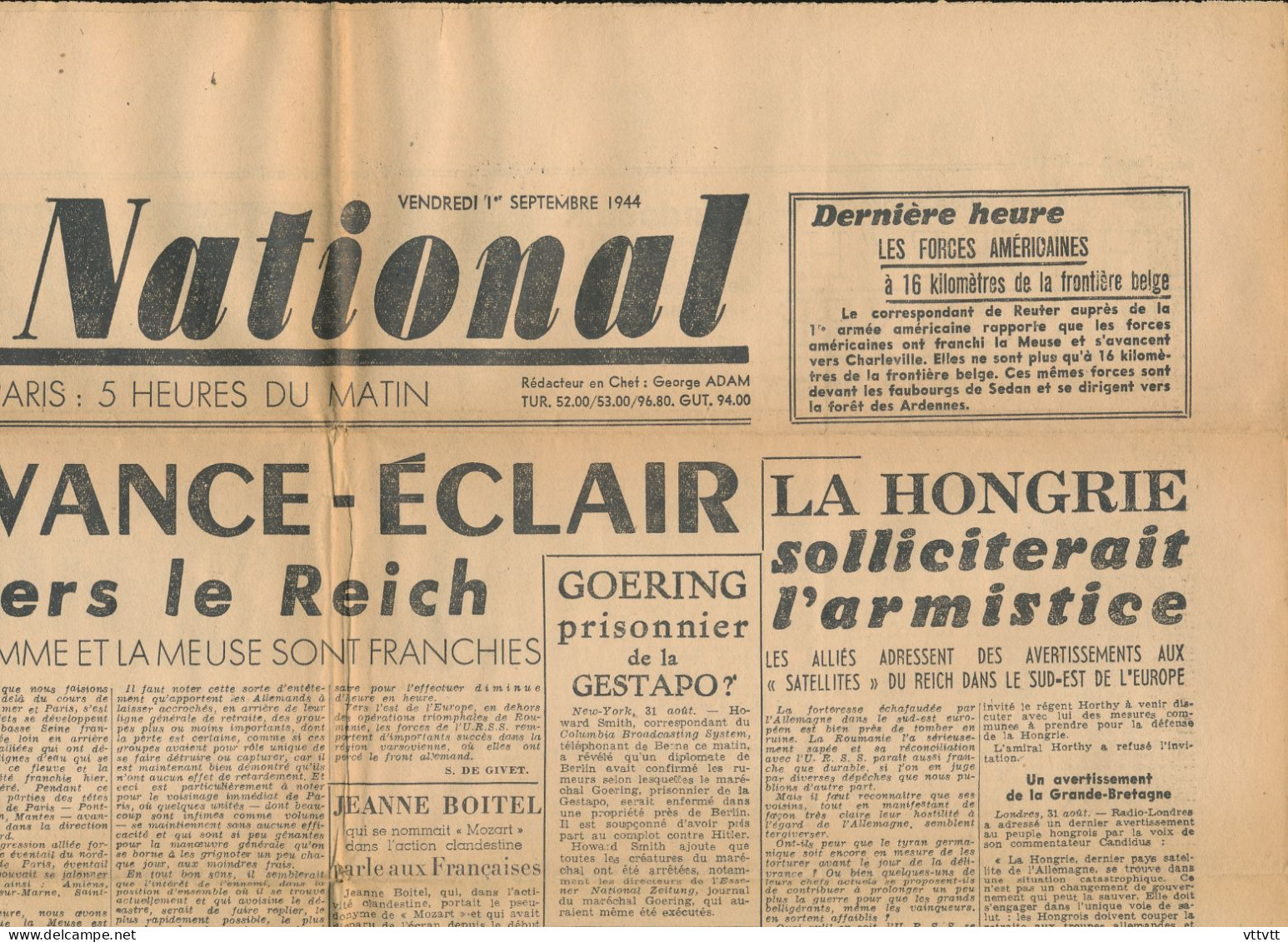 FRONT NATIONAL, Vendredi 1er Septembre 1944, N° 11, La Somme Et La Meuse Franchies, Hongrie, Stand De Tir D'Issy... - Testi Generali