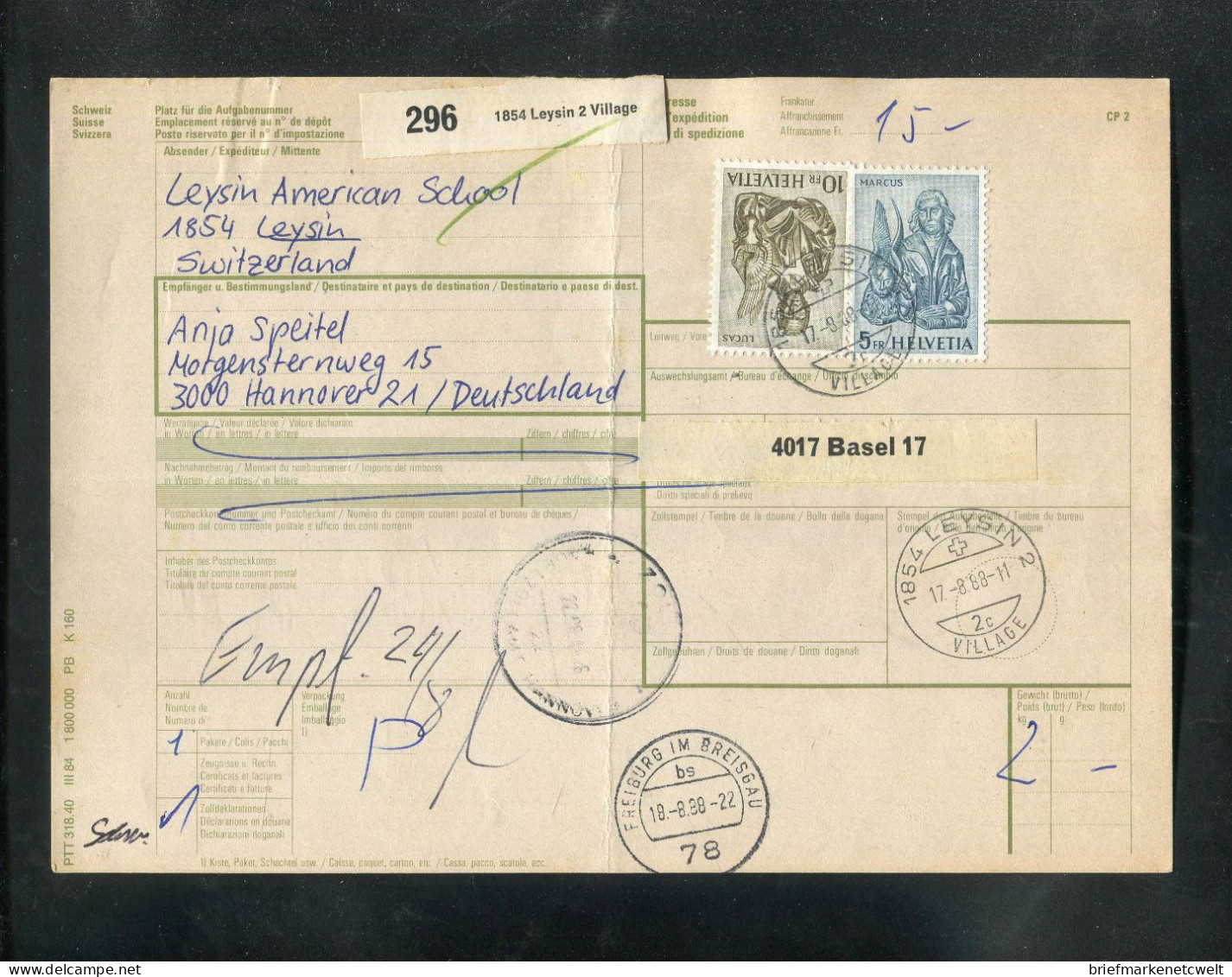 "SCHWEIZ" 1988, Auslandspaketkarte Ex Leysin Village Nach Hannover, Frankatur ! (B2042) - Covers & Documents