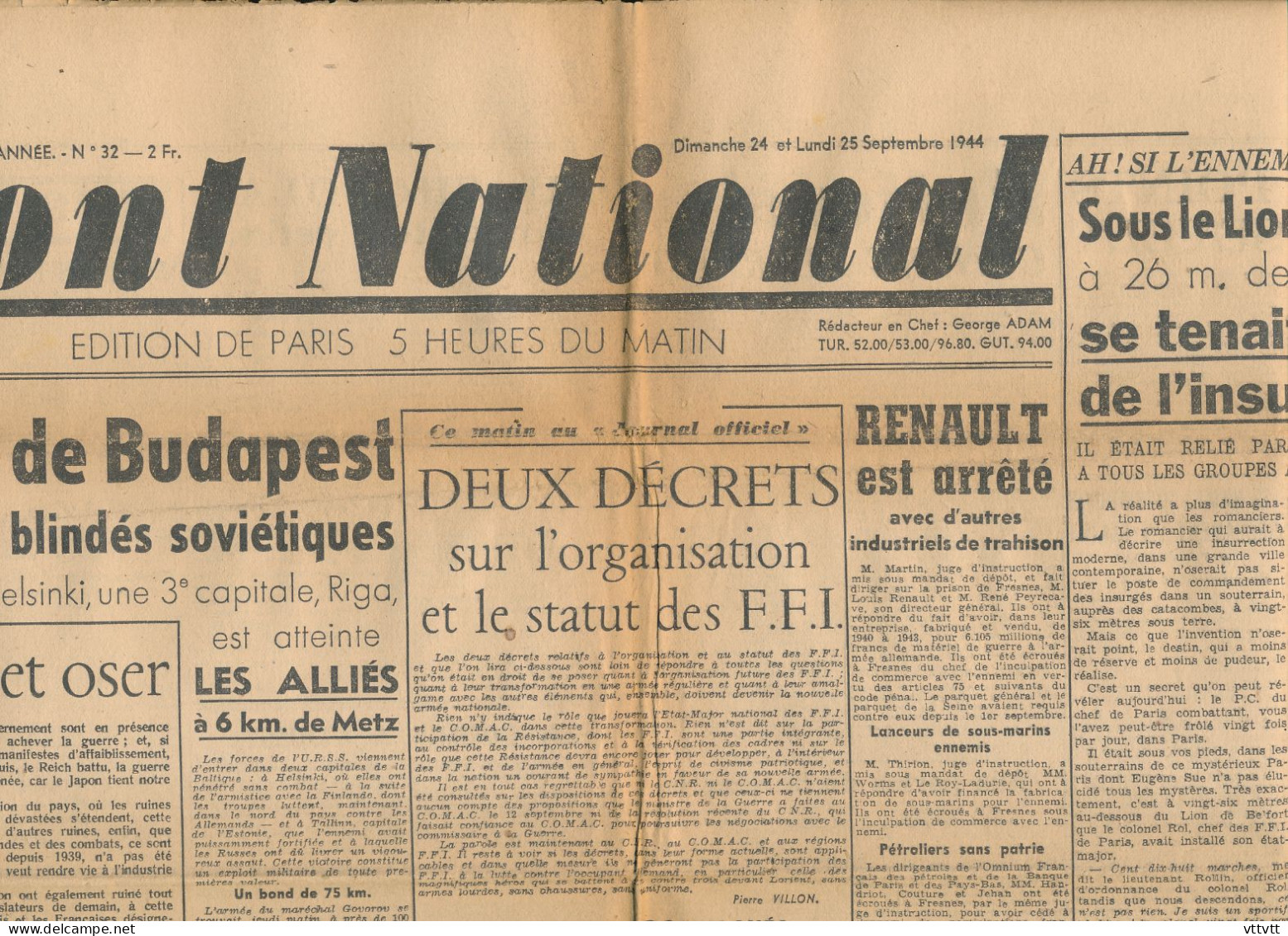 FRONT NATIONAL, Lundi 15 Septembre 1944, N° 32, Budapest, Metz, Belfort, Caen, Abbaye-aux-Hommes, Paris, Champs-Elysées - Informations Générales