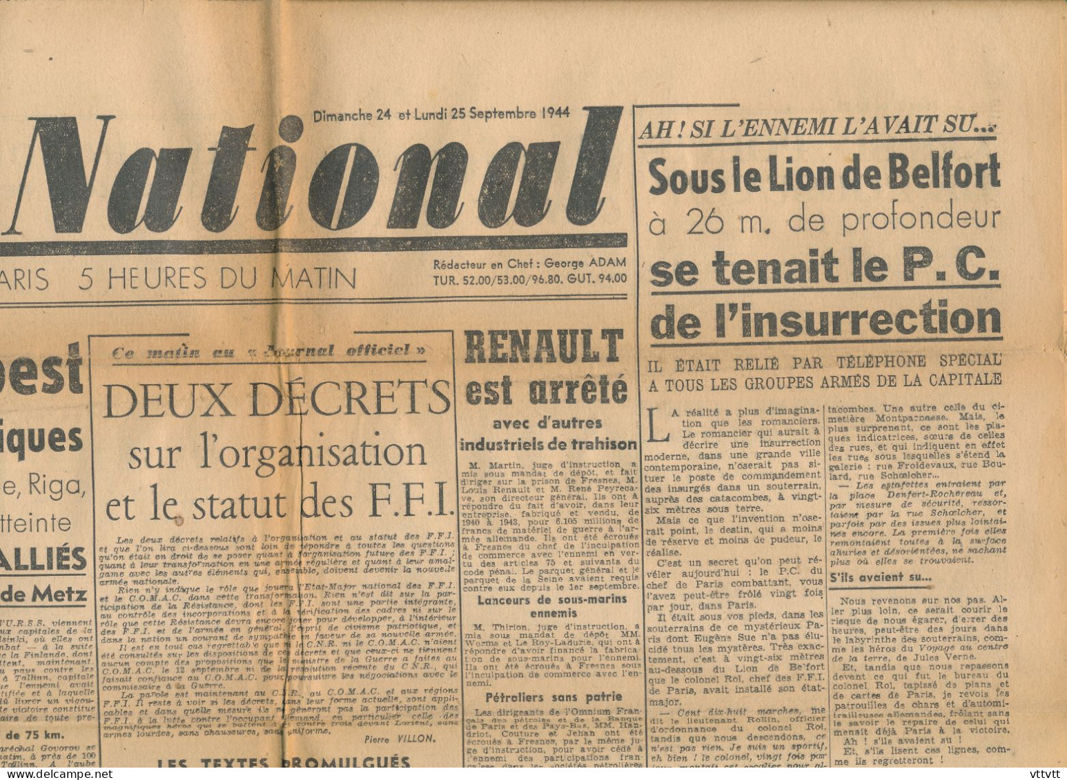 FRONT NATIONAL, Lundi 15 Septembre 1944, N° 32, Budapest, Metz, Belfort, Caen, Abbaye-aux-Hommes, Paris, Champs-Elysées - Informations Générales