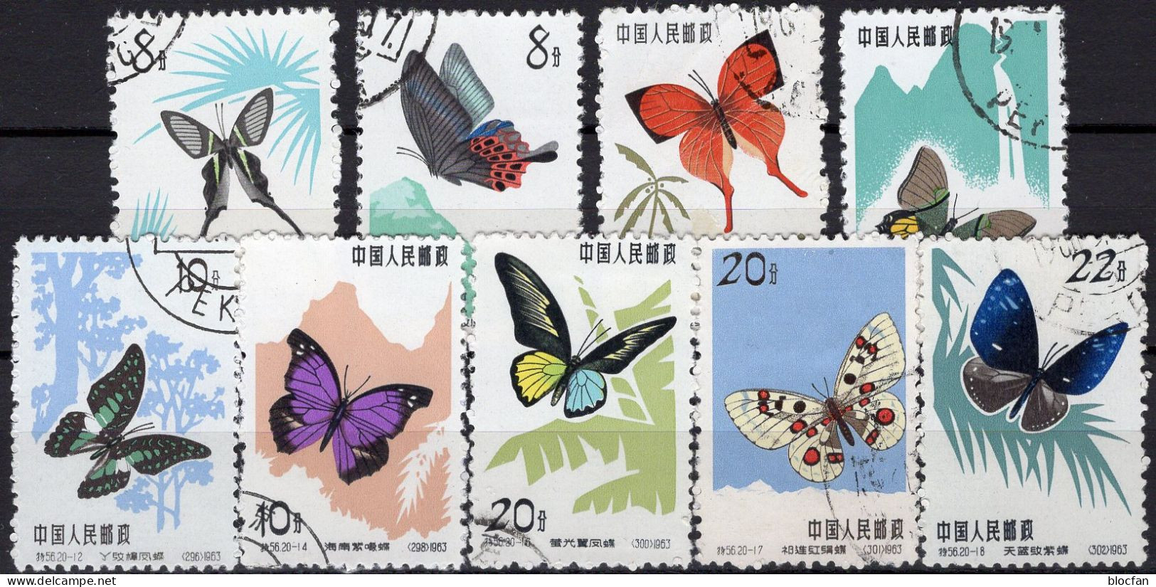 9 Schmetterlinge 1963 China 694-96,726-29,732+34 O 36€ Colias Parnassius Euploea Drachenschwanz Graphium Butterfly Chine - Gebraucht