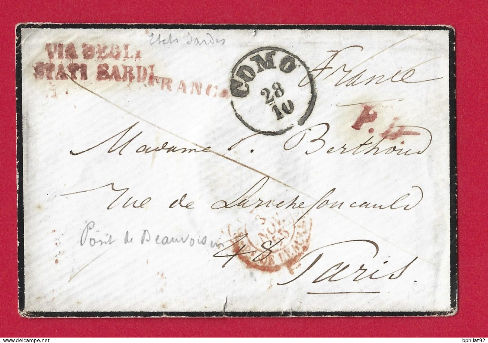 !!! ITALIE, MARQUE POSTALE DE CÔME AVEC MARQUE D'ENTRÉE DE PONT DE BEAUVOISIN DE 1855 - ...-1850 Préphilatélie