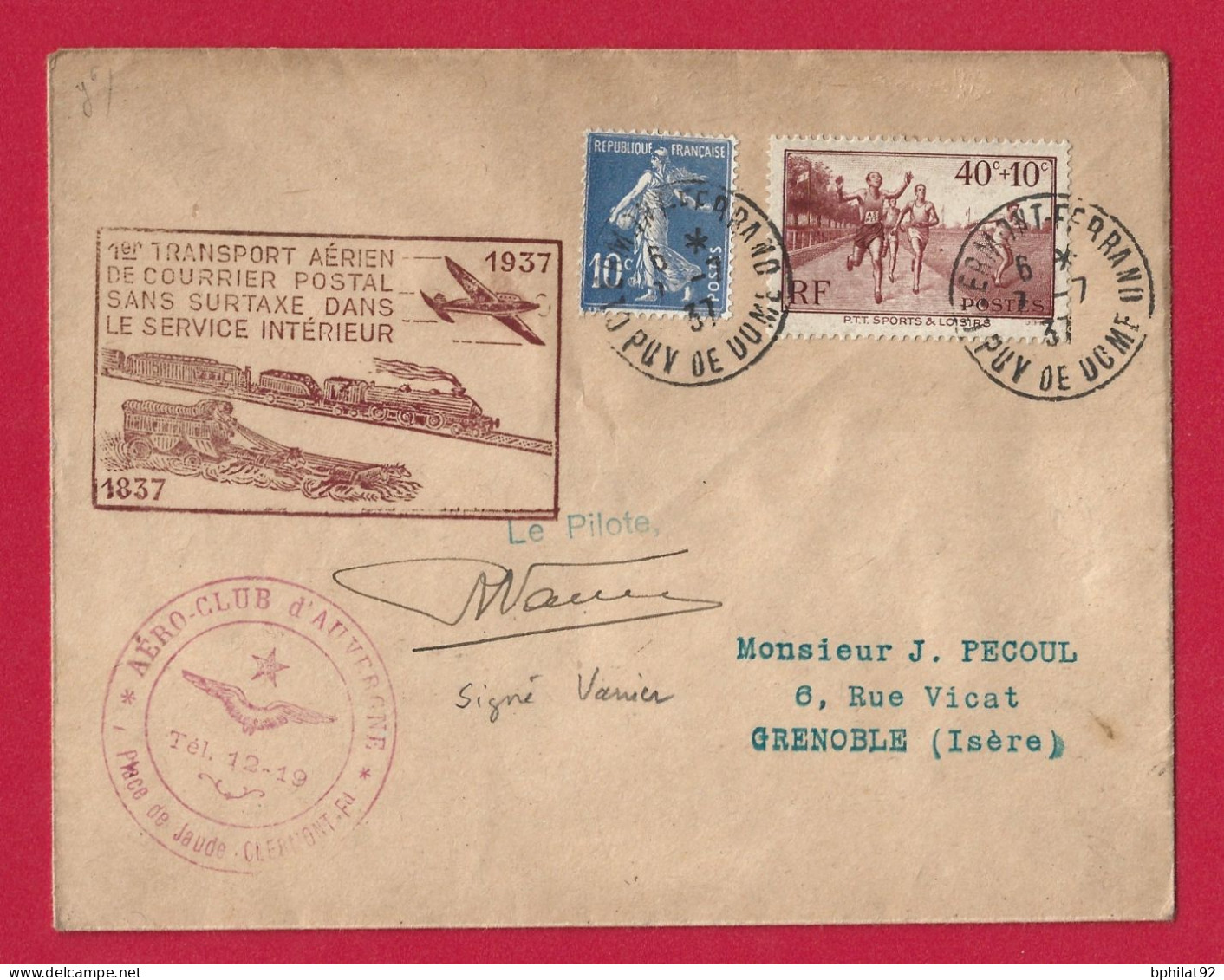 !!! PLI AÉRIEN DE CLERMONT-FERRAND DE 1937, SIGNÉ PAR LE PILOTE VANIER - 1927-1959 Cartas & Documentos