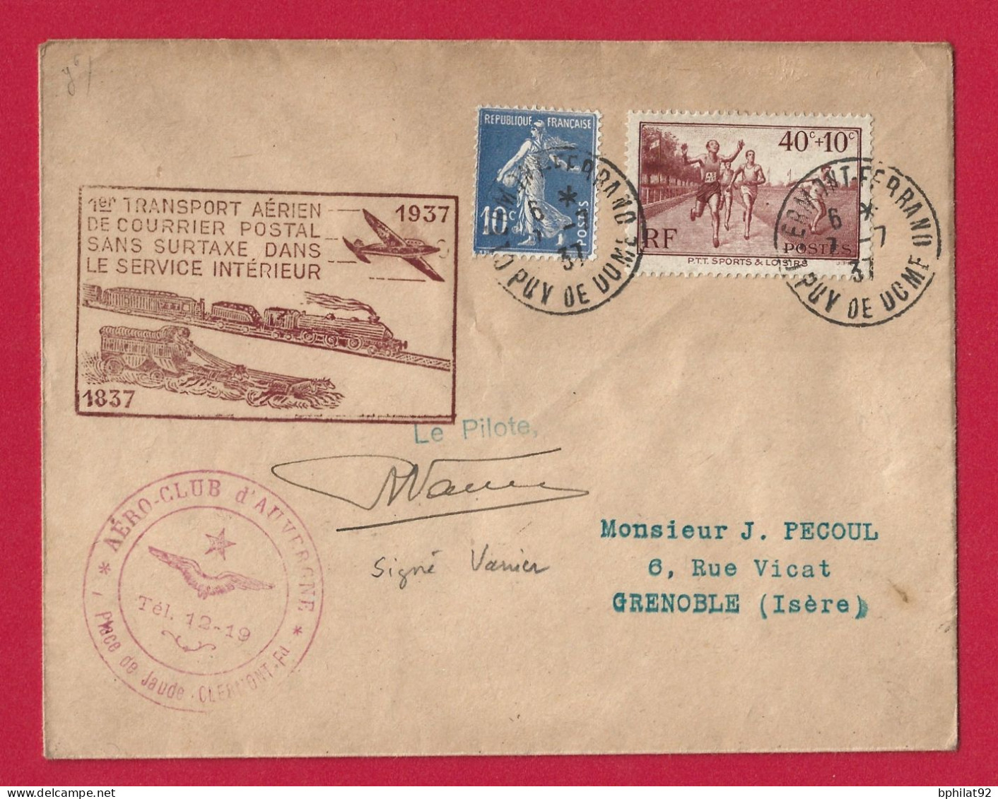 !!! PLI AÉRIEN DE CLERMONT-FERRAND DE 1937, SIGNÉ PAR LE PILOTE VANIER - 1927-1959 Covers & Documents