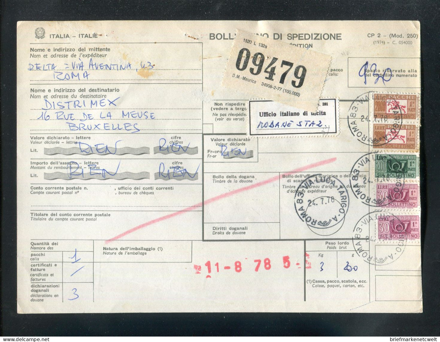 "ITALIEN" 1978, Auslands-Paketschein Nach Belgien, Frankatur ! (2046) - Taxe