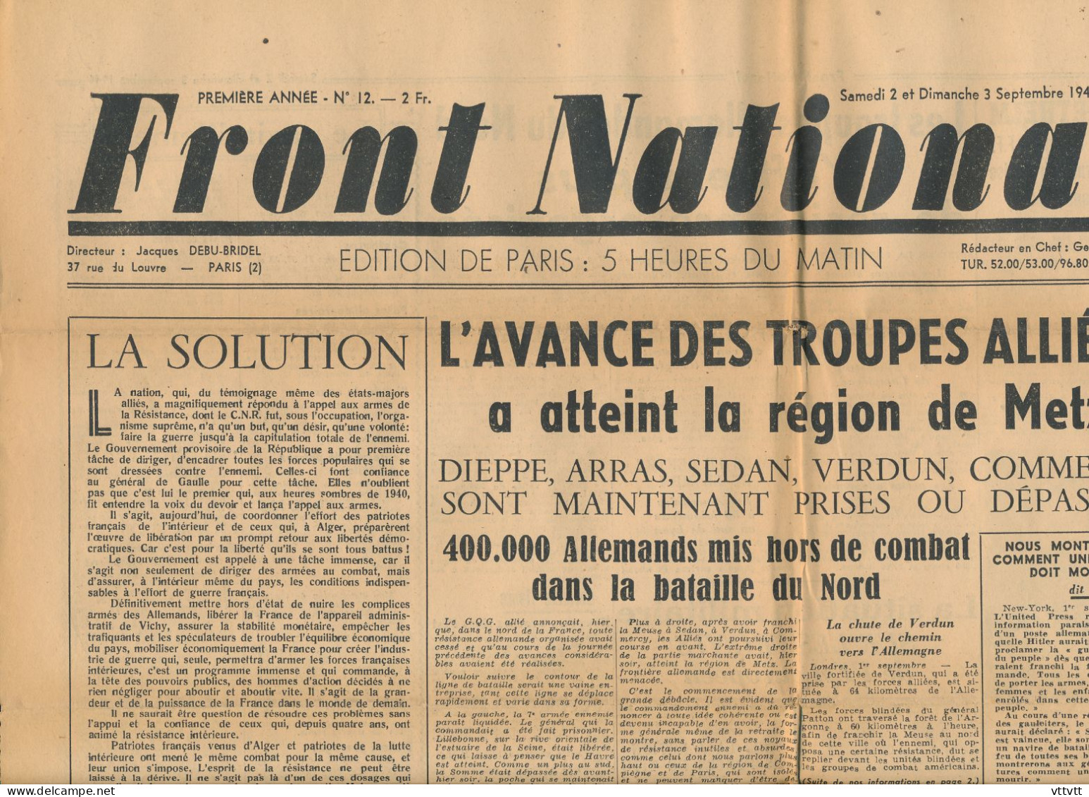 FRONT NATIONAL, Dimanche 3 Septembre 1944, N° 12, Metz, Dieppe, Arras, Sedan, Verdun, Commercy, De Gaulle, F.F.I. - Informations Générales