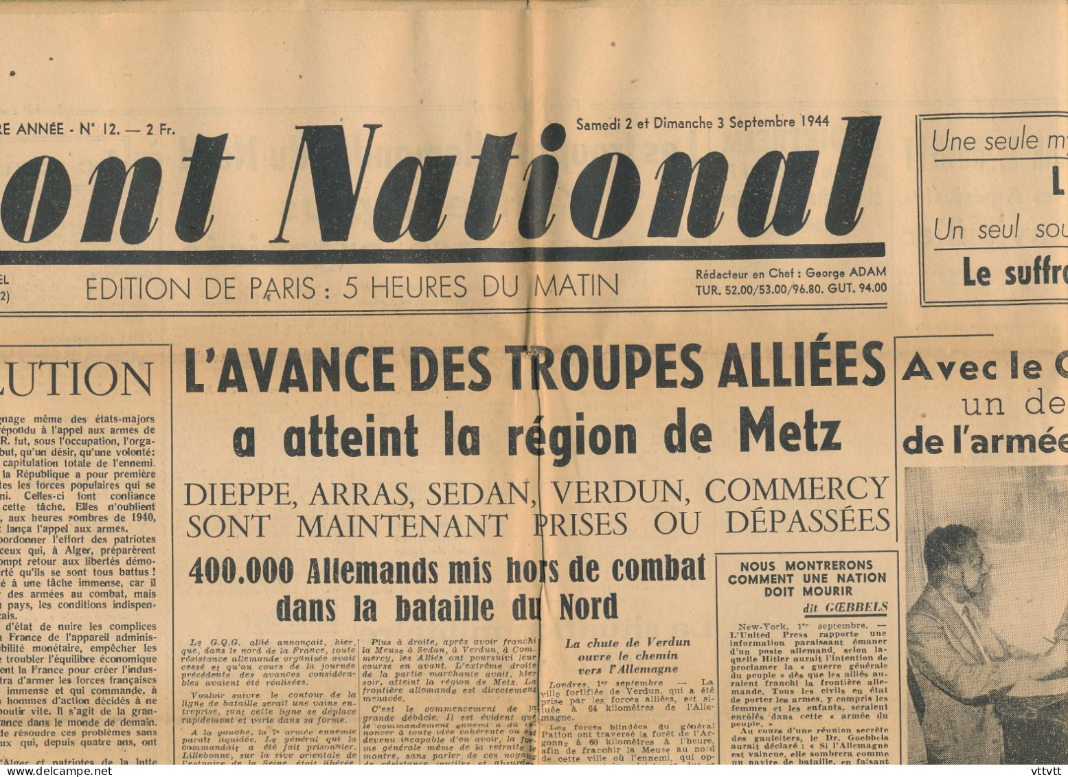 FRONT NATIONAL, Dimanche 3 Septembre 1944, N° 12, Metz, Dieppe, Arras, Sedan, Verdun, Commercy, De Gaulle, F.F.I. - Testi Generali