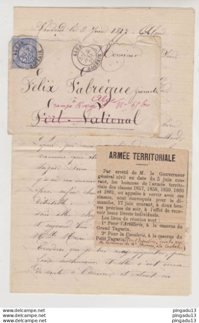 Fixe Algérie Type Sage Alger 9 Juin 1877 Fort National 10 Juin 1877 Puis 16 Juin 1877 Retour Alger 17 Juin 1877 - 1877-1920: Semi-moderne Periode