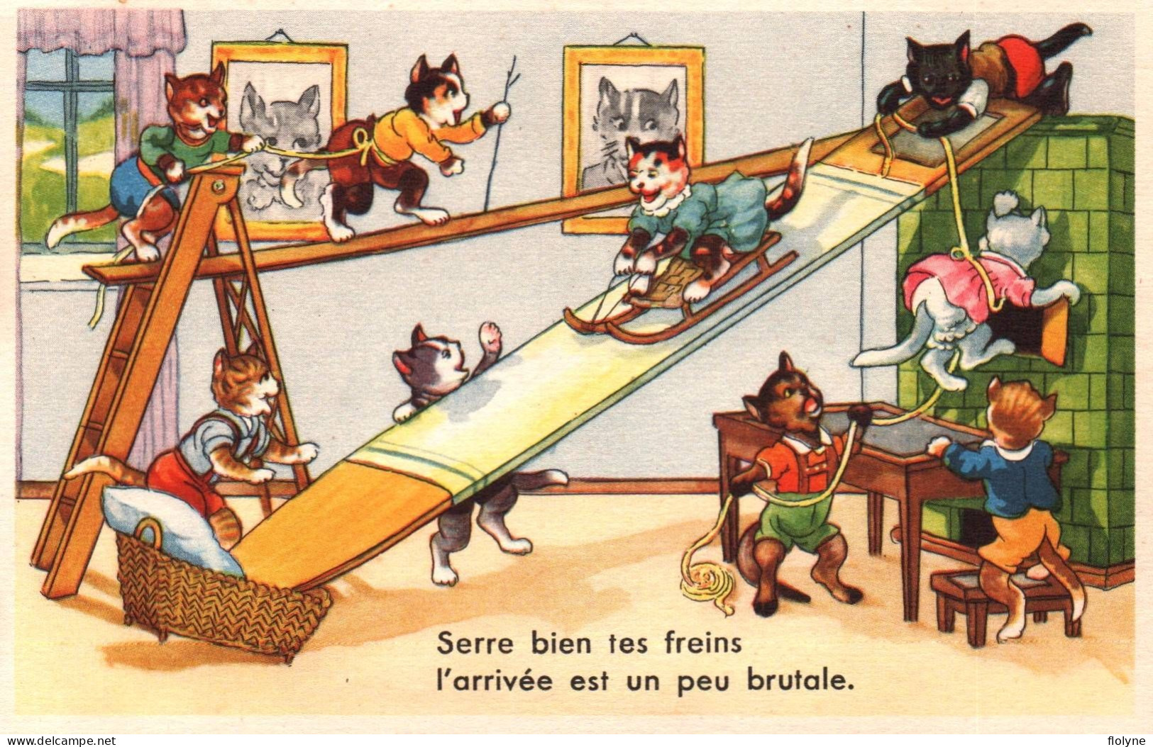 Chat - Cpa Illustrateur - Chats Humanisés Faisant De La Luge Dans Le Salon - Katze Cat - Katzen