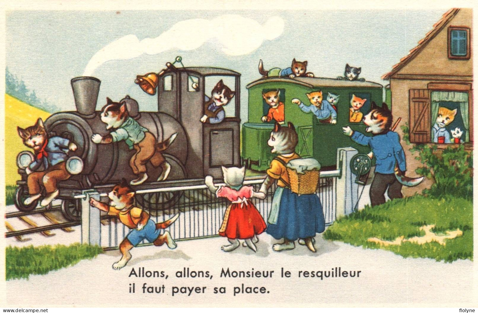 Chat - Cpa Illustrateur - Chats Humanisés à La Gare - Train Passage à Niveau  - Katze Cat - Gatti