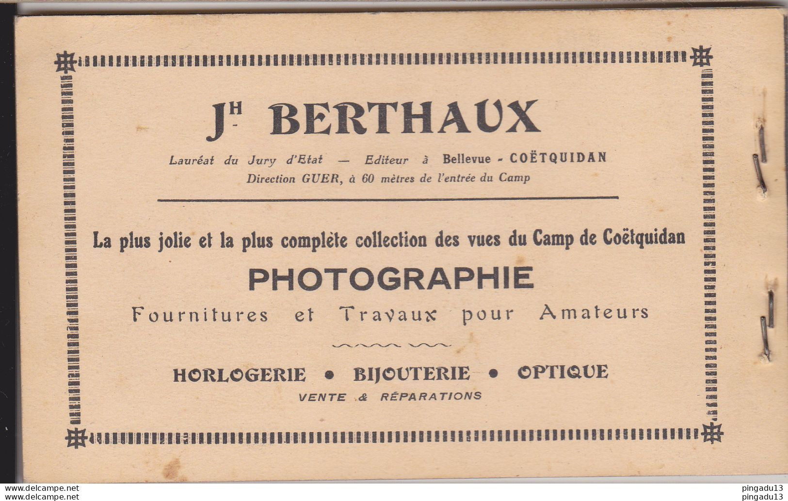 Fixe Morbihan Souvenir Coëtquidan Infanterie Carnet Jh Berthaux Bellevue Horlogerie Bijouterie Optique - Autres & Non Classés