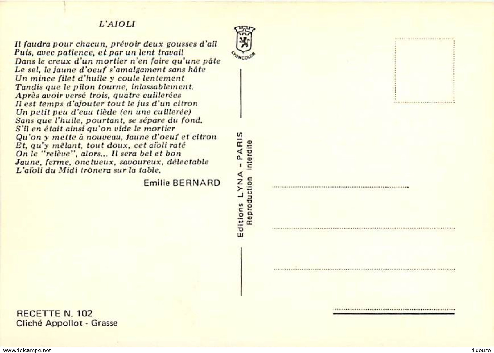 Recettes De Cuisine - Aïoli - Carte Neuve - Gastronomie - CPM - Voir Scans Recto-Verso - Recetas De Cocina