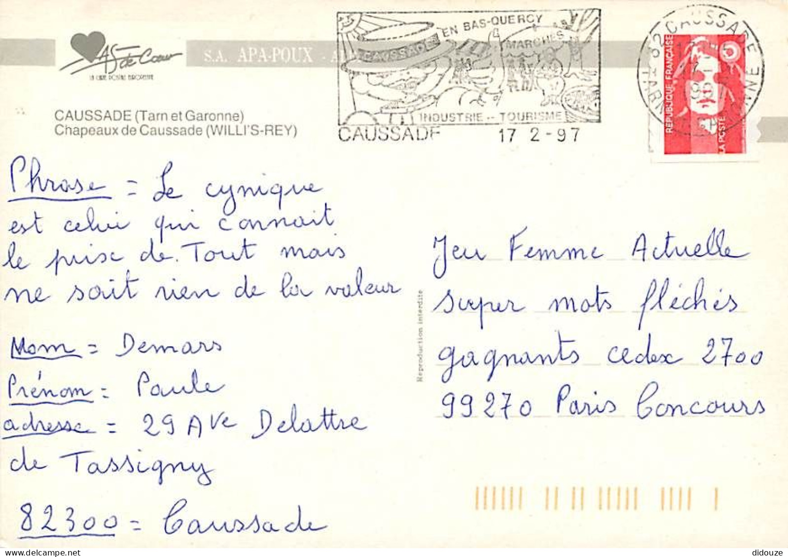 82 - Caussade - Chapeaux De Caussade (Willi's-Rey) - Flamme Postale De Caussade - CPM - Voir Scans Recto-Verso - Caussade