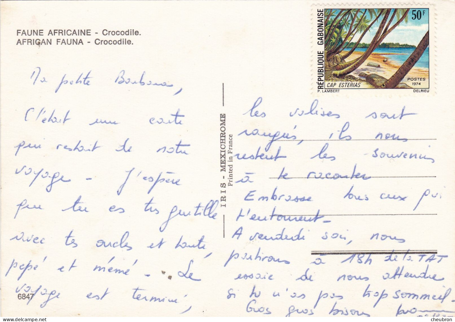 GABON. (ENVOYE DU). FAUNE AFRICAINE. CROCODILE . + TEXTE + TIMBRE ANNEE 1974 .CAP ESTERIAS - Gabon