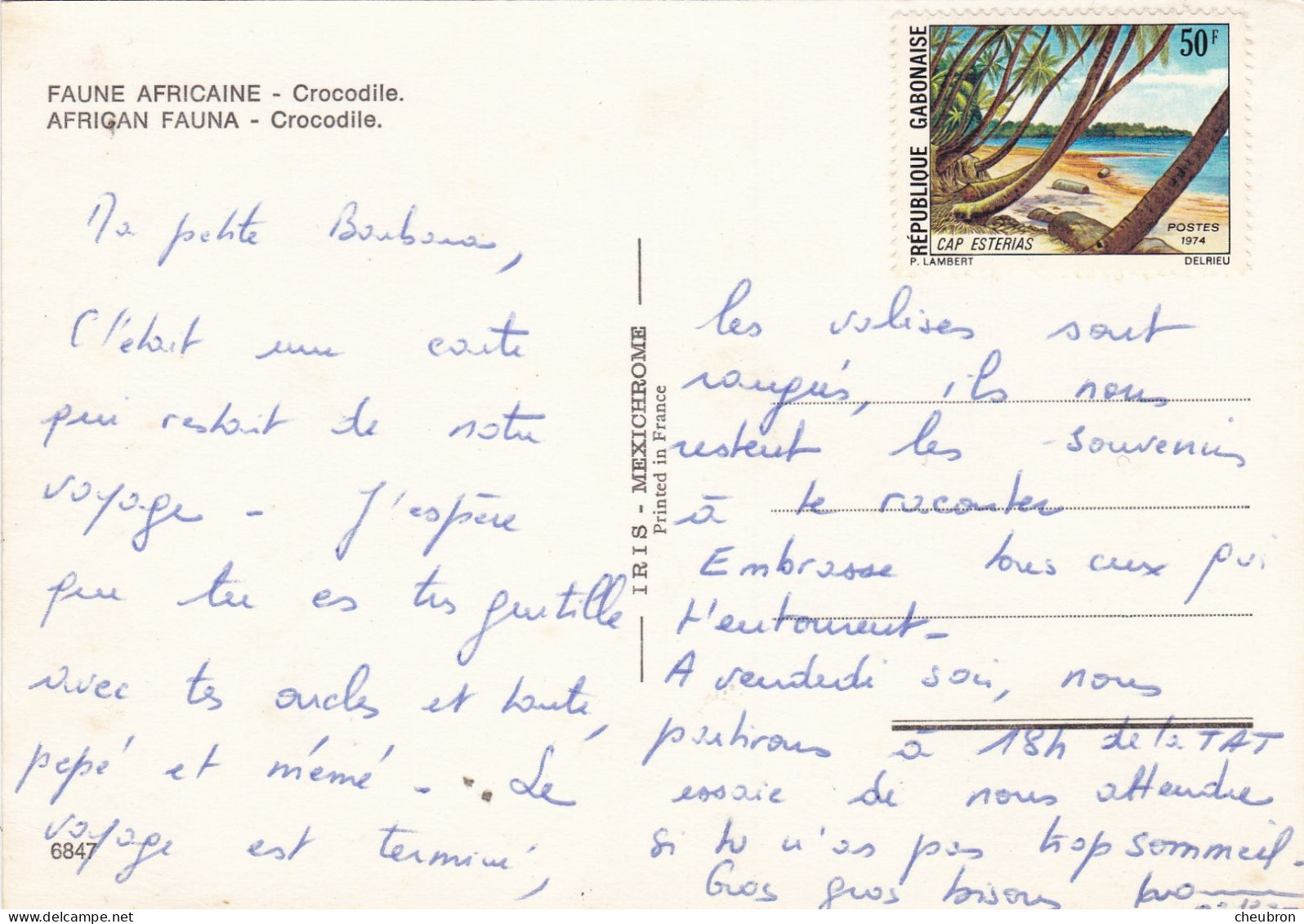 GABON. (ENVOYE DU). FAUNE AFRICAINE. CROCODILE . + TEXTE + TIMBRE ANNEE 1974 .CAP ESTERIAS - Gabón