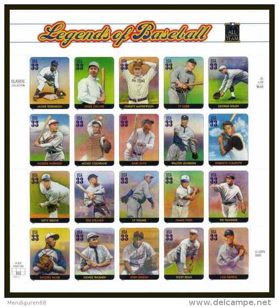 VERINIGTE STAATEN ETATS UNIS USA 2000 BASEBALL PANE 20 MNH SN 3408sp YT F3110-29 MI B3337-56 SG MS3812-31 - Nuovi