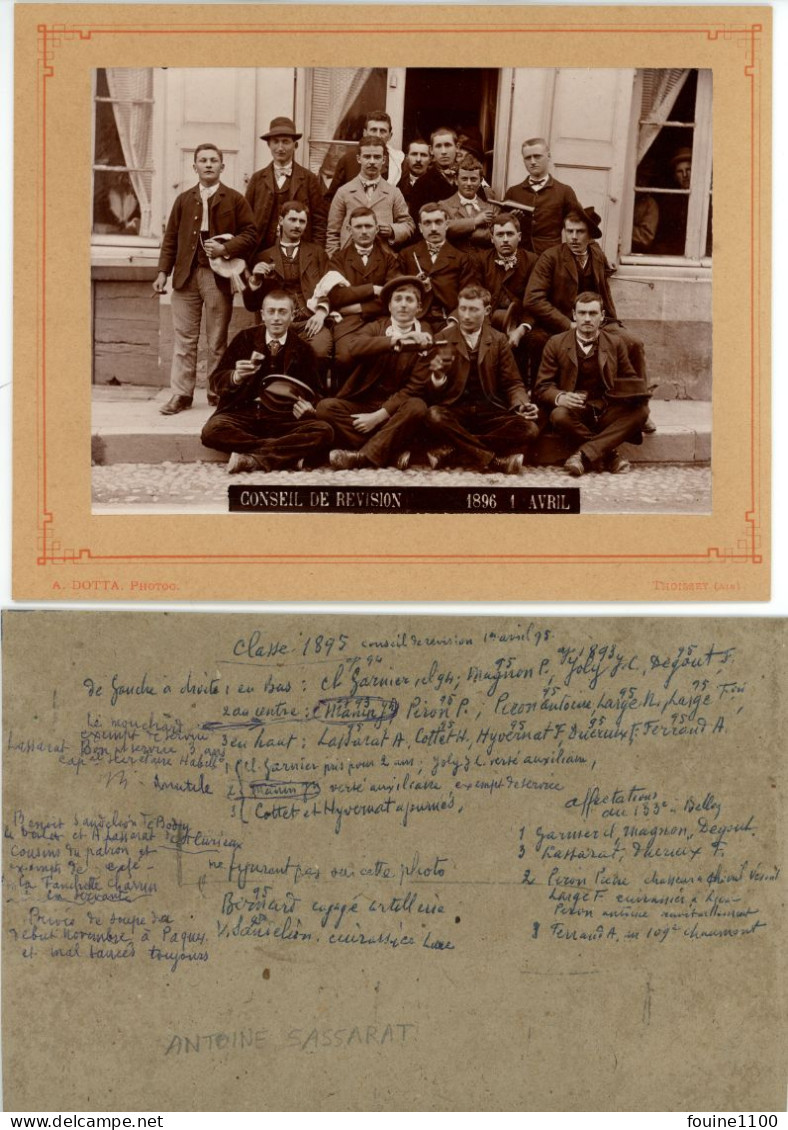 PHOTO ORIGINALE  Conseil De Révision An 1896 Avec Noms Des Personnes Sur Un Carton ( Photographe DOTTA à THOISSEY 01 AIN - Oud (voor 1900)