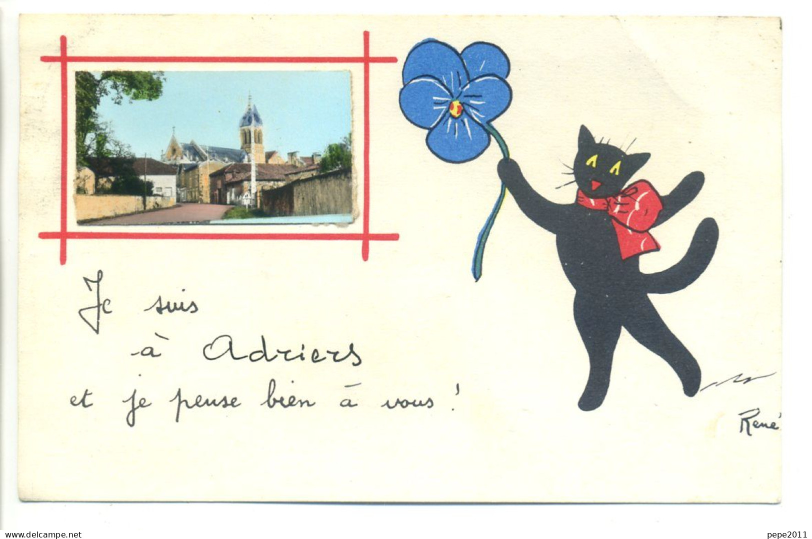 CPA Illustrateur René - 86 - ADRIERS "Je Suis à Adriers Et Je Pense...!" - Chat, Pensée - Petite Photo - Peu Commune - Sonstige & Ohne Zuordnung