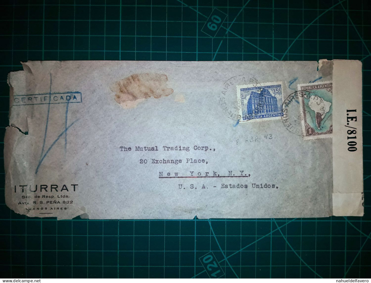 ARGENTINE, Certificat Enveloppe Largo Appartenant à "ITURRAT, Soc. De Resp. Ltda." Distribué à New York, Aux États-Unis, - Used Stamps