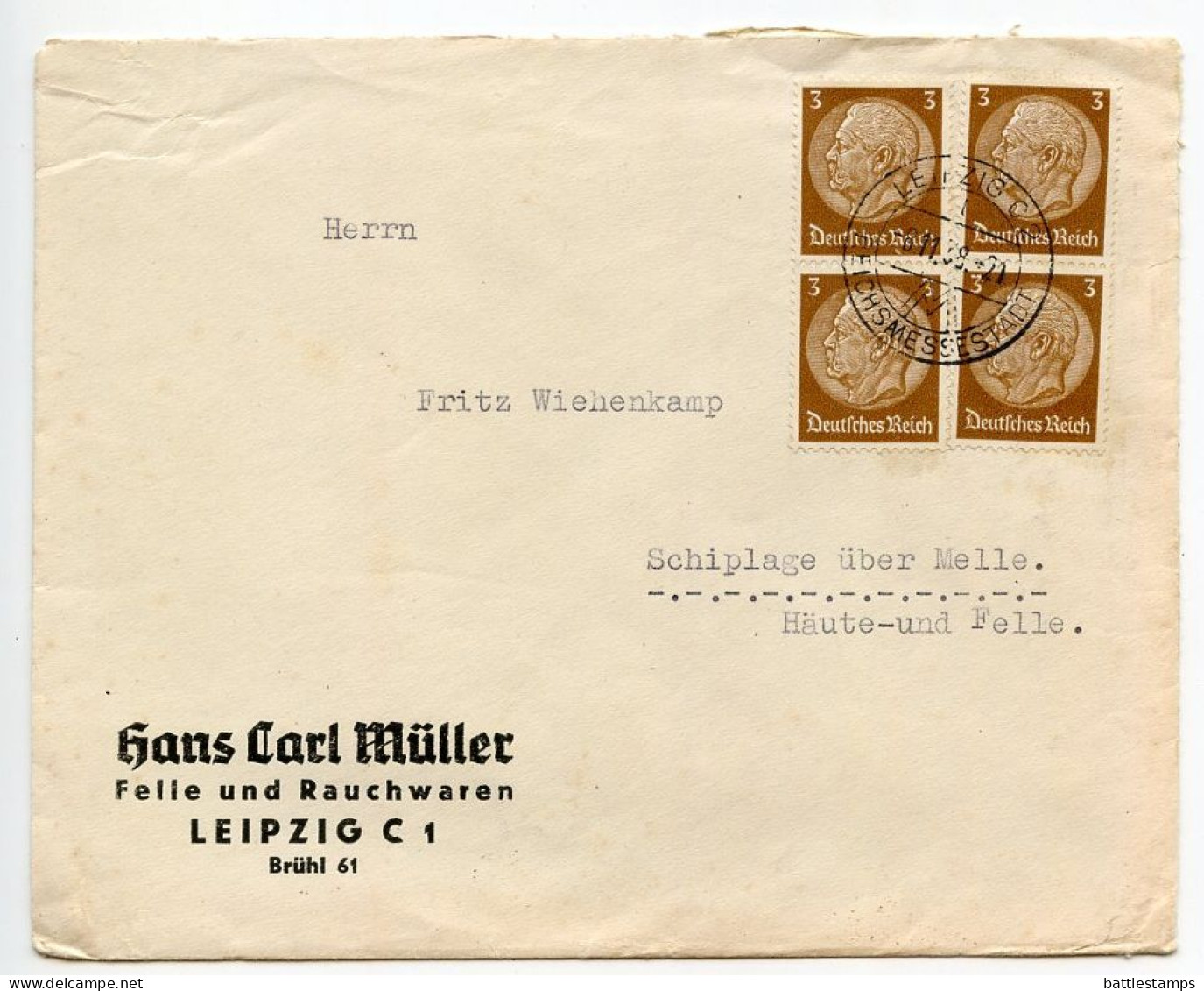 Germany 1938 Cover; Leipzig - Hans Carl Müller, Felle Und Rauchwaren To Schiplage; 3pf. Hindenburg X 4 - Briefe U. Dokumente